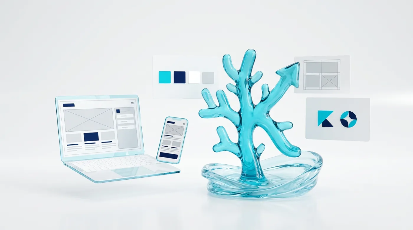 A glass laptop and phone with website wireframes beside brand cards of colour swatches, layout grids and logo tiles, around the cyan Koralis coral