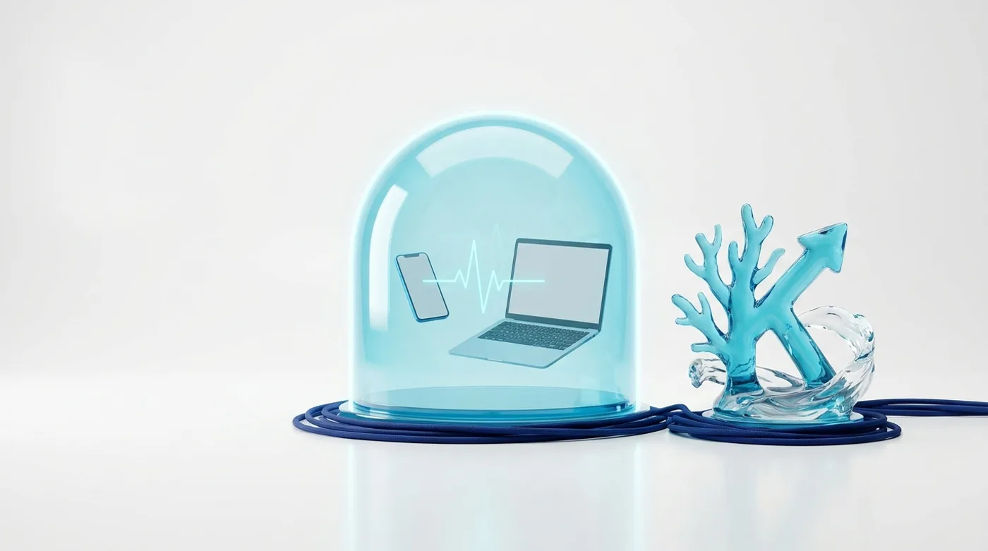 A phone and laptop kept safe under a cyan glass dome with a heartbeat line, beside the Koralis coral K
